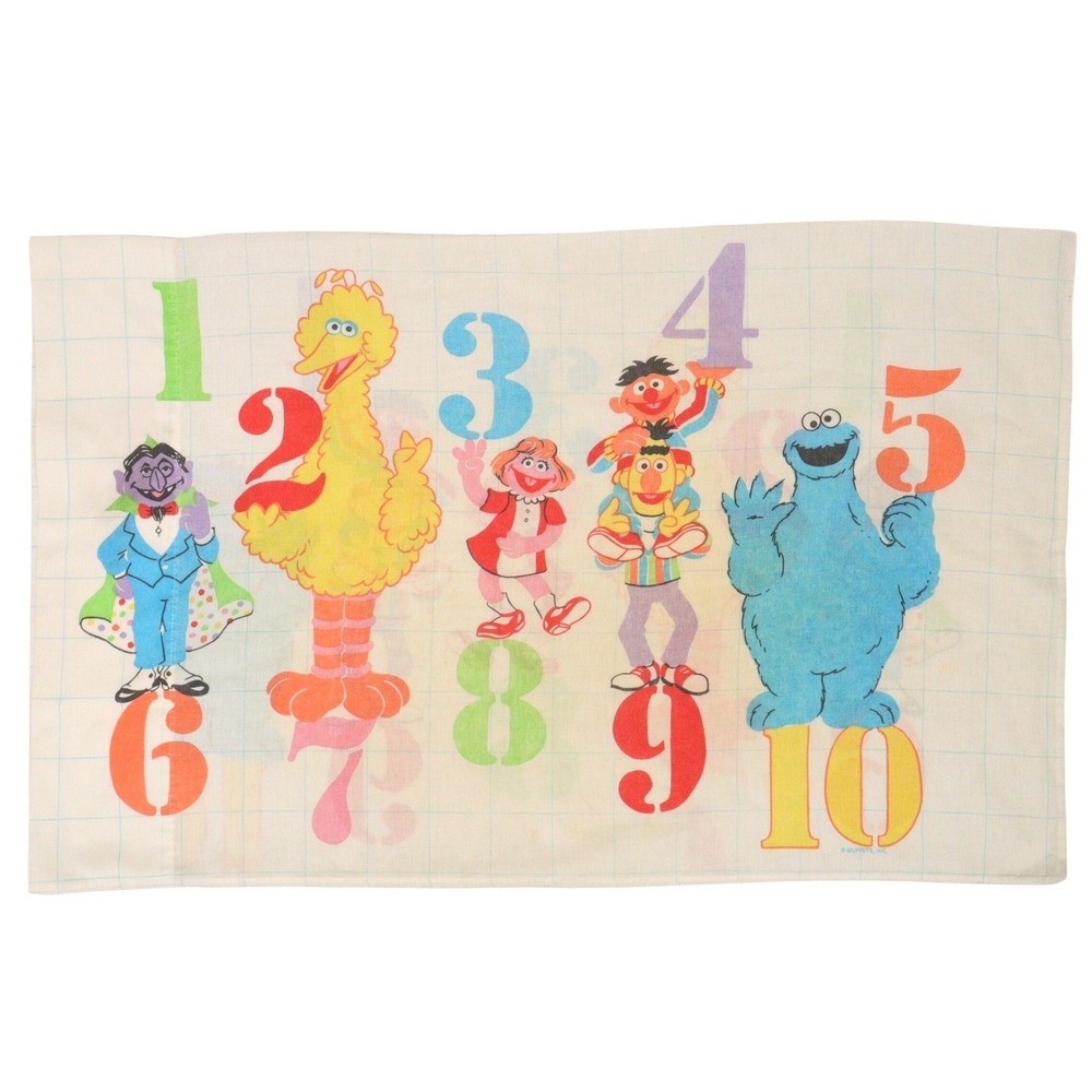 Vtg Sesame Street Standard Pillowcase Muppets Numbers Grid White Cotton USA EUC
